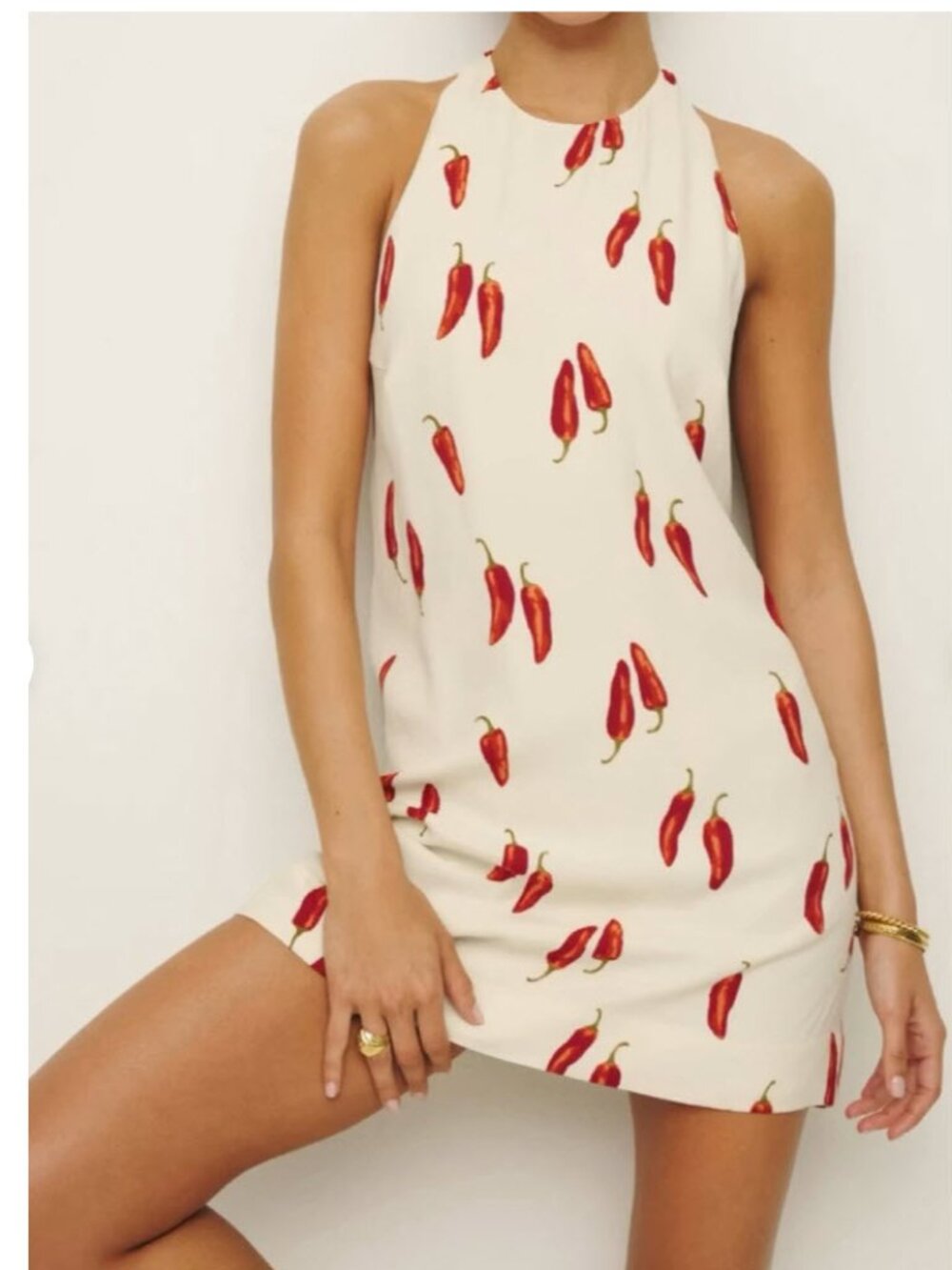 Reformation Avielle Jalapeño Halter Mini Dress Chili Print White Size 2